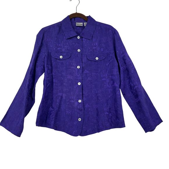 Chico's Blouse Top Womens Size M Purple Print Linen Silk Button Up Chest Pockets - Picture 1 of 9
